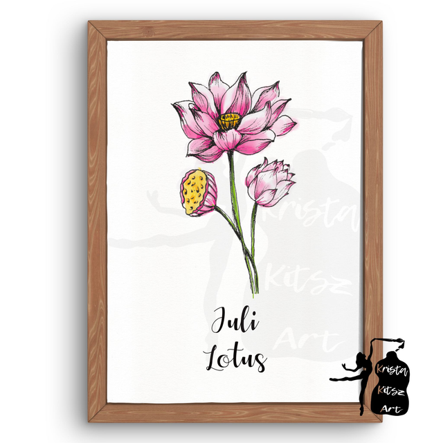 Geboortebloem Juli Lotus in kleur,  luxe kunstprint op fine art papier van originele tekening, met of zonder tekst 