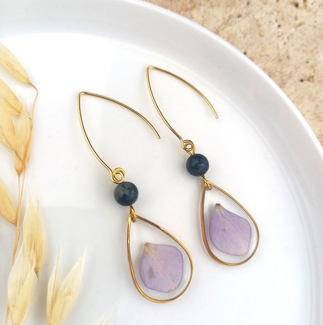 Boucles d'oreilles ∙ doré gouttes de fleurs et pierre naturelle