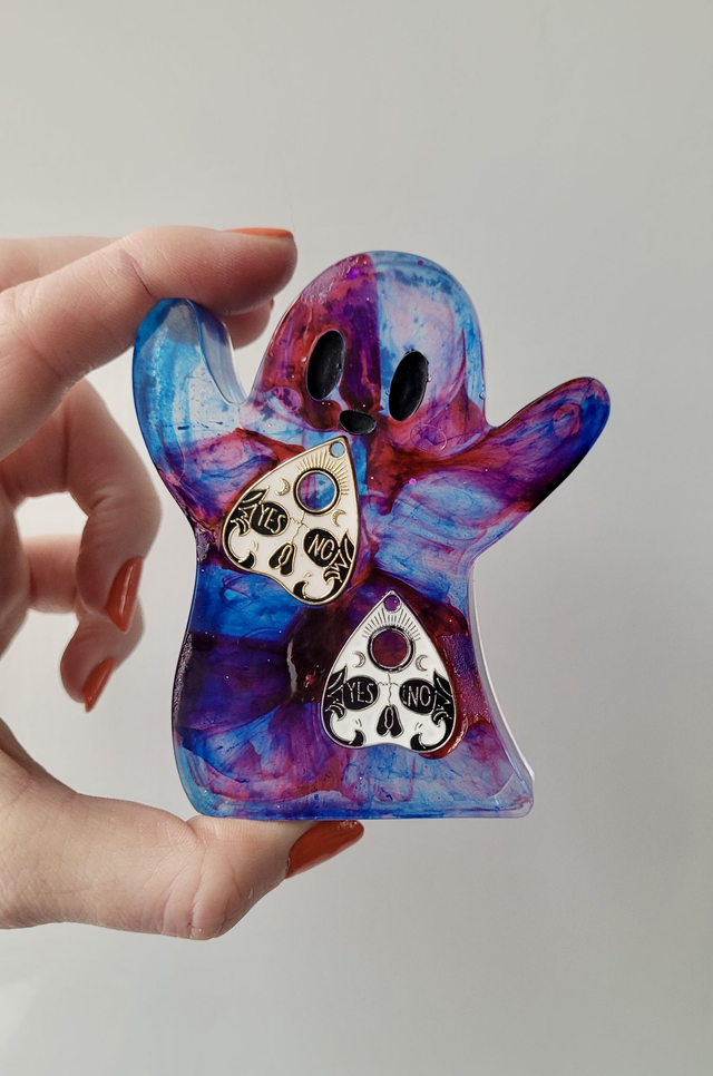 Ghost Ornament - Red and Blue Ghost with Planchette Yes/No Charms