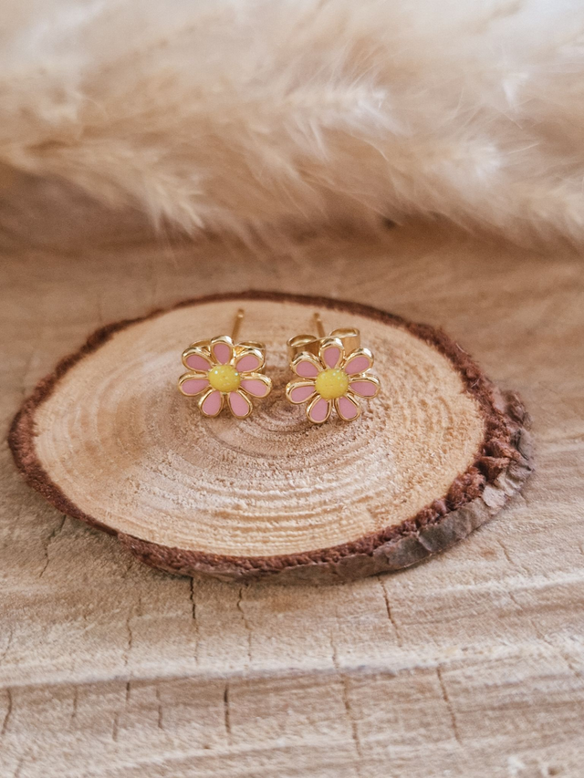 Boucles d'oreilles puces "Marguerites" - Modèle rose et jaune
