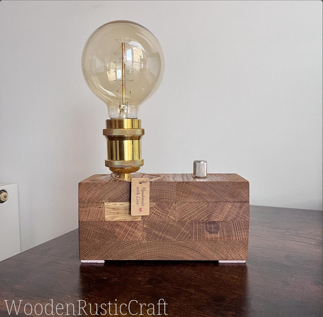 Solid Oak Desk Lamp – Gold-Colour E27 Holder (Bulb Included)