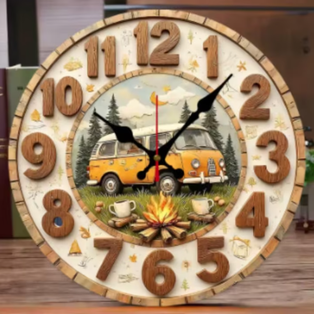 Ronde wandklok van hout Hippie Bus (25cm)