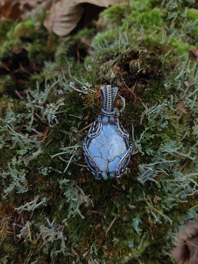 Talisman Arbre de vie Argent massif, Pierre de Lune et Opale noir 