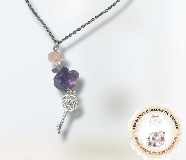 Collier amour de soi en Améthyste et quartz rose 