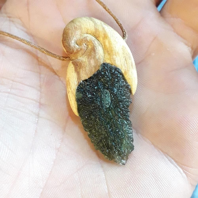 Moldavite Necklace with Hand Carved Palo Santo Wood 