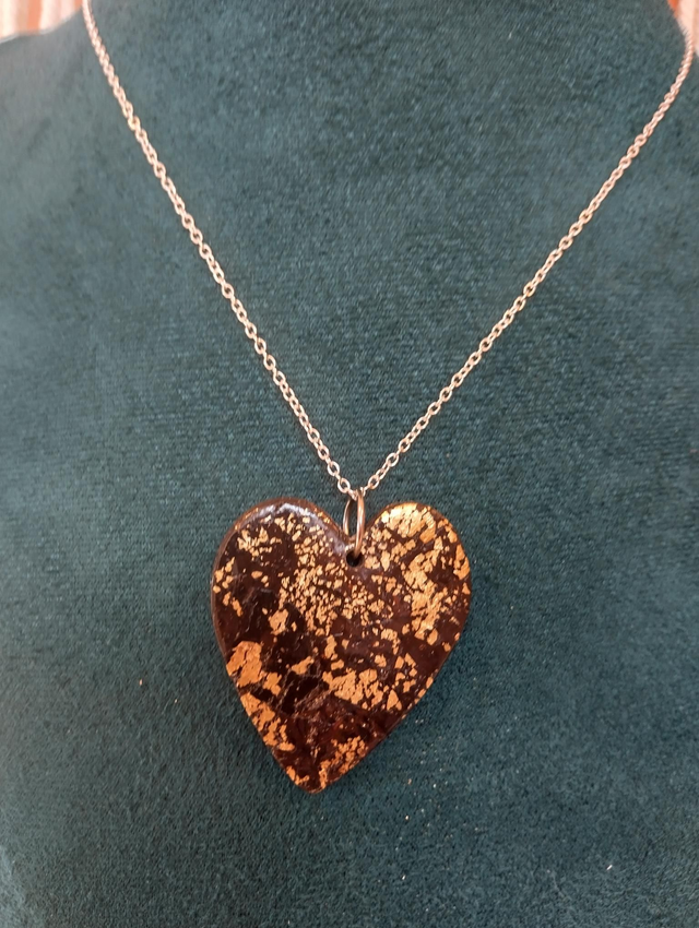 Handmade black and gold polymer clay heart necklace 