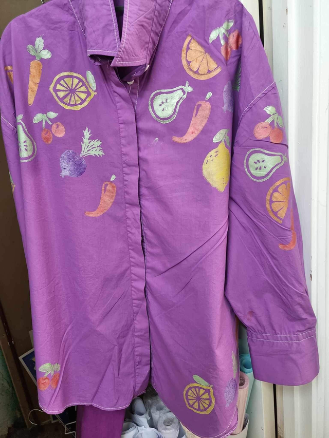 Hand Printed metallic fruit shirt
