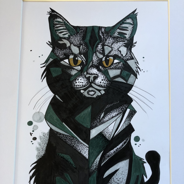 Chat vert - 32 x 42 cm - encadrement blanc 