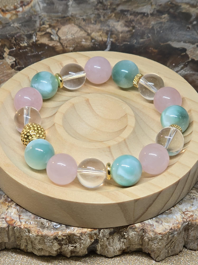 Bracelet Garniérite, Quartz rose, Cristal de roche XL en 1,2 cm