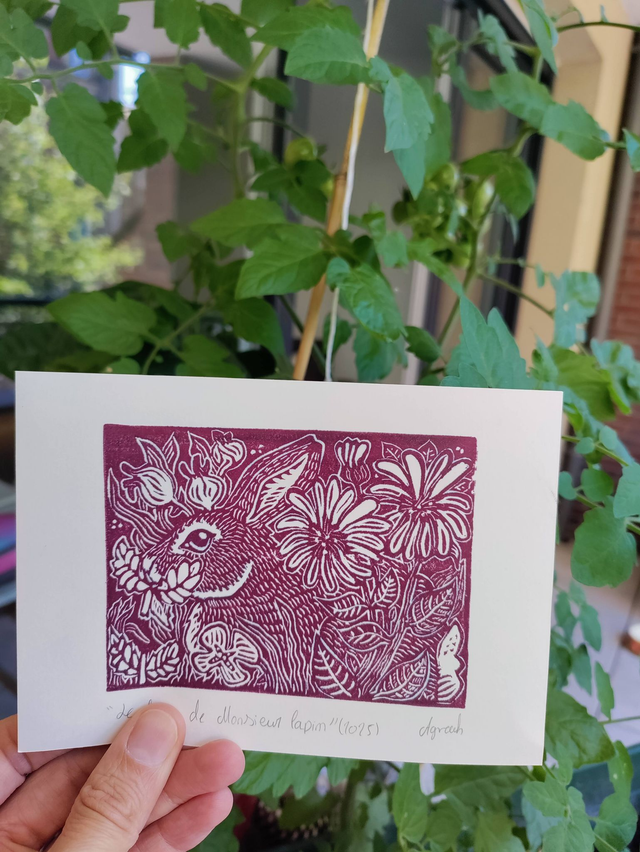 Linogravure/tampon "quatre petits lapins " lapins sauvage format  10X14.5 cm  Bordeaux