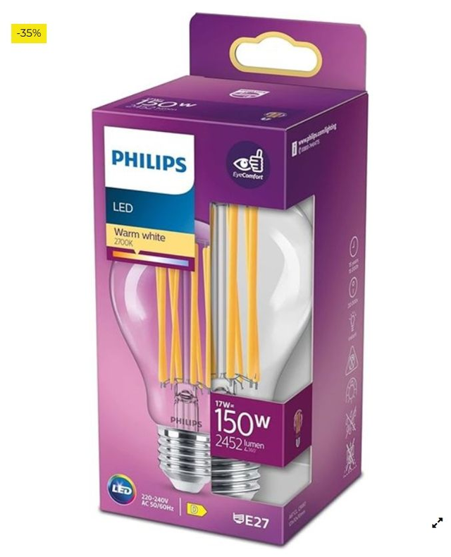 Philips - Bombilla LED cristal 150W estándar E27 luz blanca cálida, transparente, no regulable