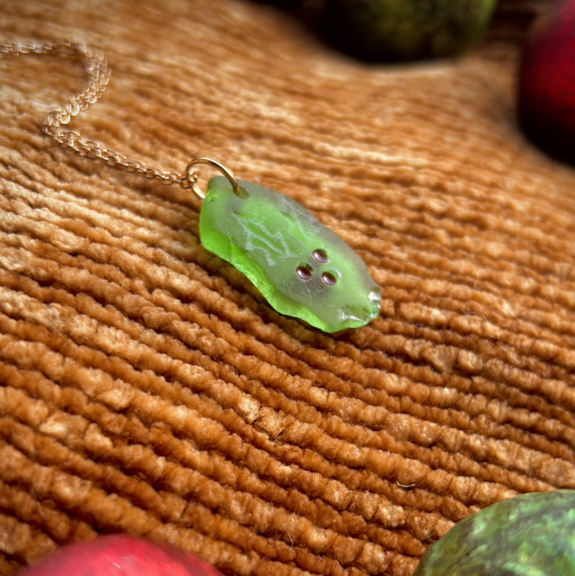 Hand Carved Sea Glass Necklace - Green Holly