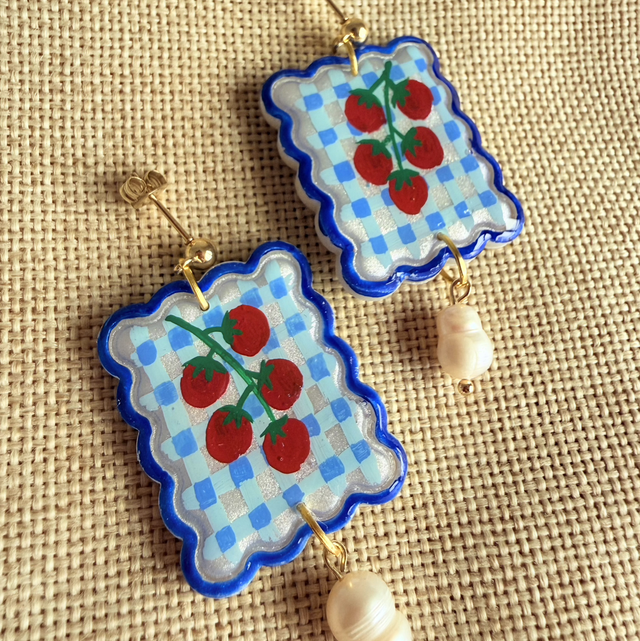 Blue Gingham Tomato Pearl Earrings