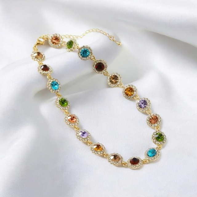 Collier de Strass Colorés Vintage Plaqué Or 14K