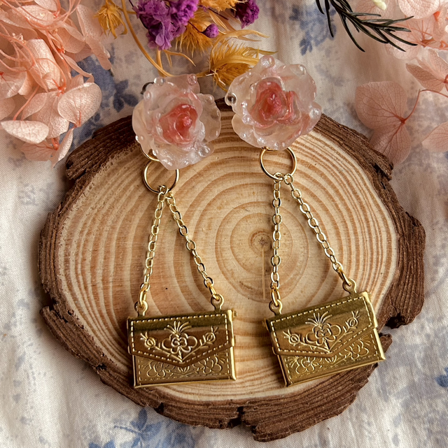 Dew Drop Roses and Love Letter Earrings - Pink and Gold - Valentine’s Day Collection