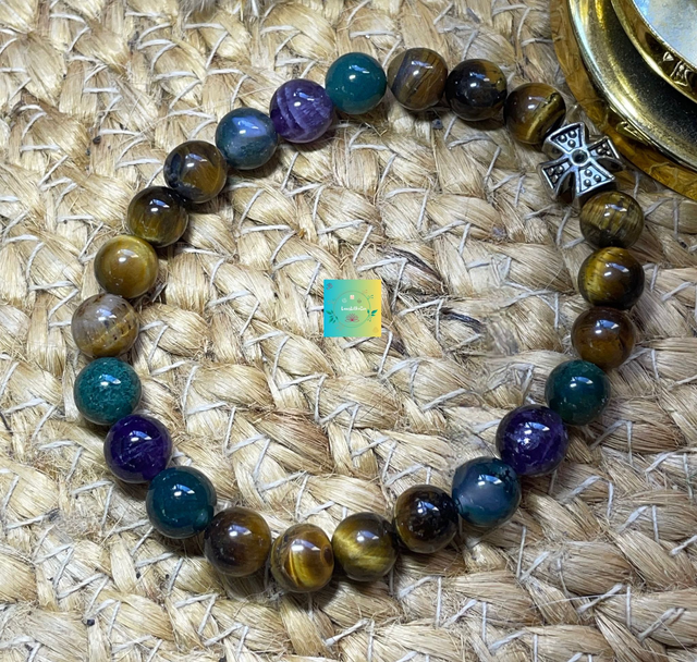 🐅🌿 Bracelet Améthyste-Oeil de tigre et Agate mousse