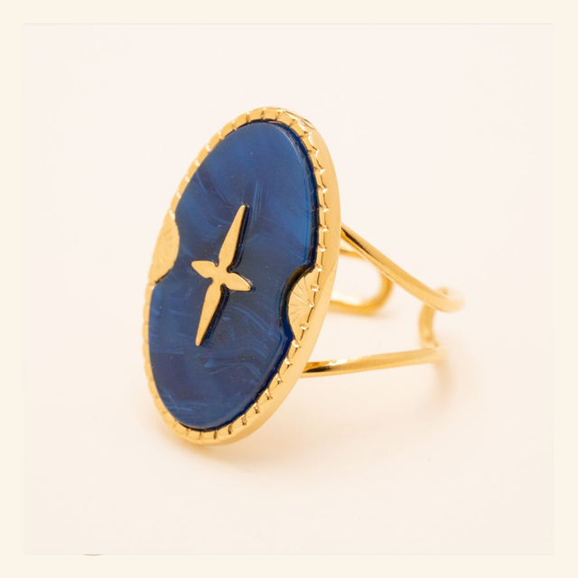   Bague dorée en Acétate Bleu