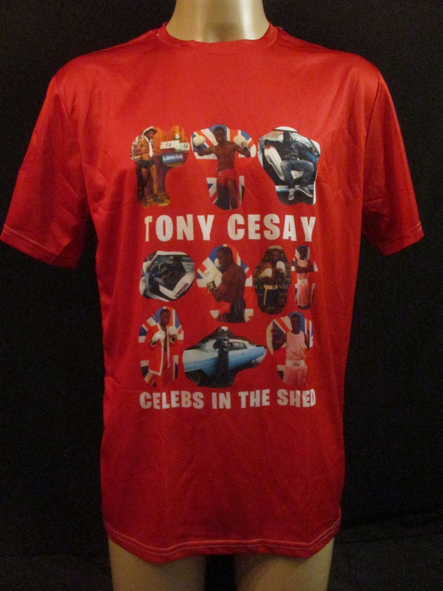 Tony Cesay ABA Champion Boxer Picture T-Shirt (White Bubble Logo) ADULT 100% Polyester Crew Neck RED (Large) Top