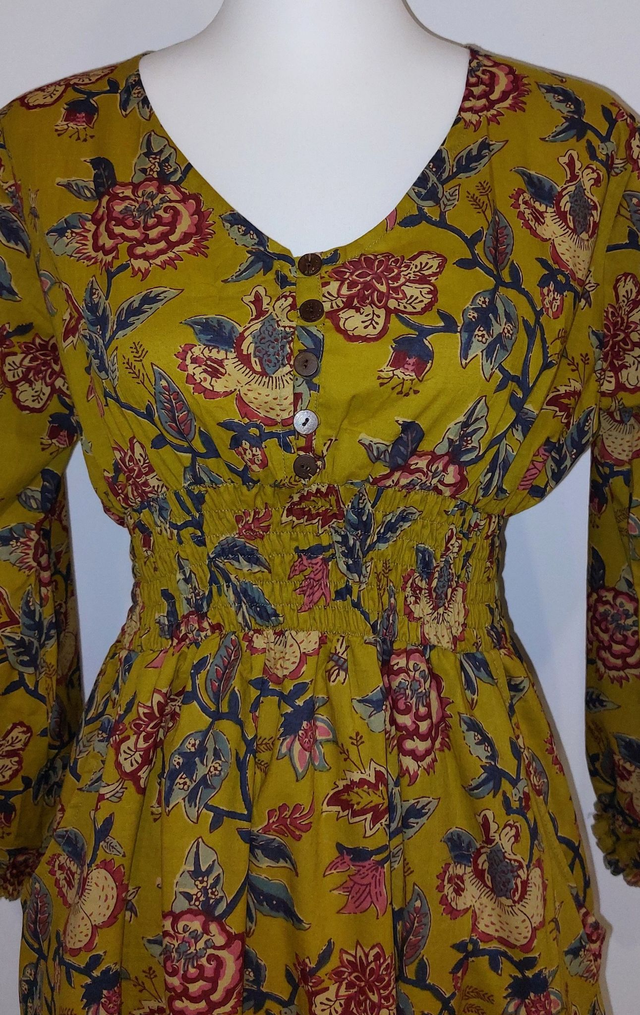 Robe manches-longues en coton indien -  Motif floral - Éthique et Naturel  – Style Bohème Chic - Col V