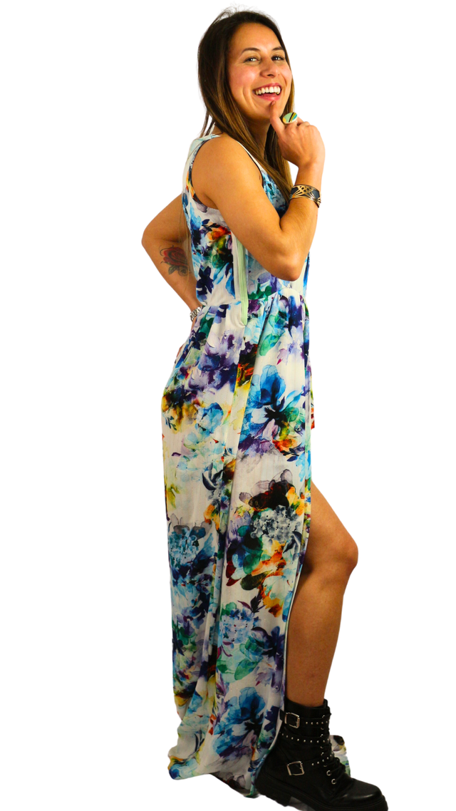 Robe d&#039;Été Unique longue en Polyester Imprimé Fleuri avec Détails Dorés T38