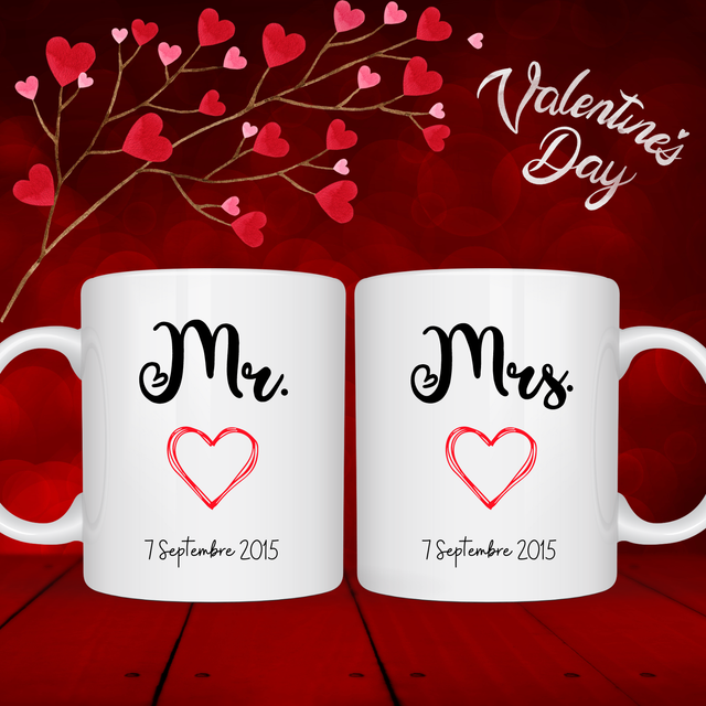 Duo de Mugs personnalisés couple Mr &amp; Mrs 