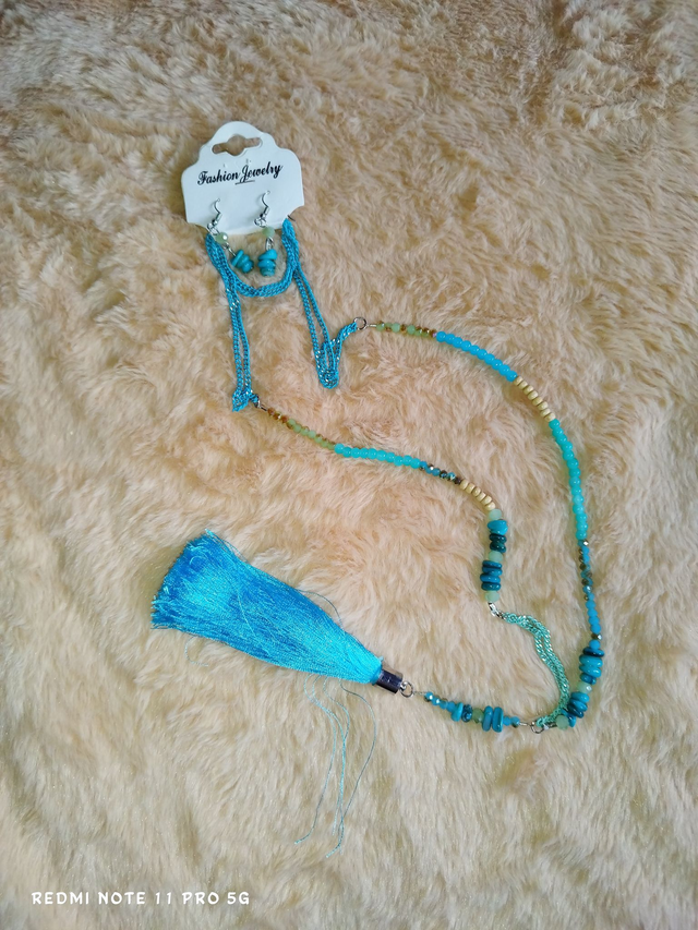 Parure bohème turquoise – Collier à pampille &amp; boucles d’oreilles assorties