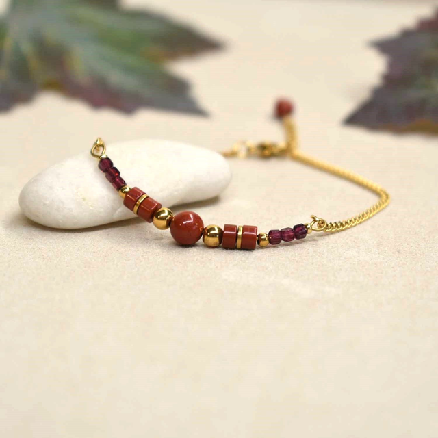 Bracelet fin gourmette et jonc en jaspe rouge et grenat