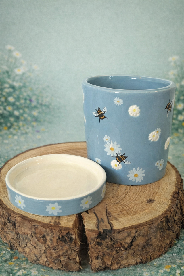Blue Floral Bee Planter and Tray