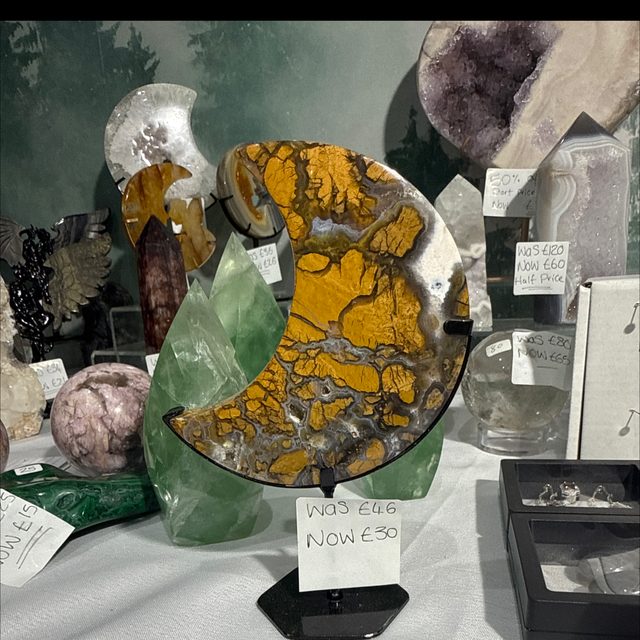 Golden agate moon on custom stand from Indonesia 