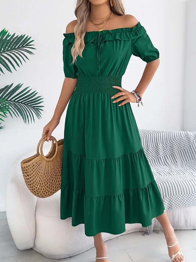 Women's Off-Shoulder Short Sleeve A-Line Dress