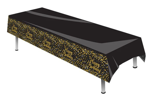 TABLE COVER: HAPPY BIRTHDAY SPARKLING FIZZ BLACK AND GOLD 137CM X 2.6M (1 PER PACK)
