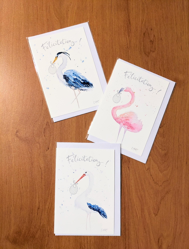 Carte félicitations naissance cigogne, flamant rose, héron