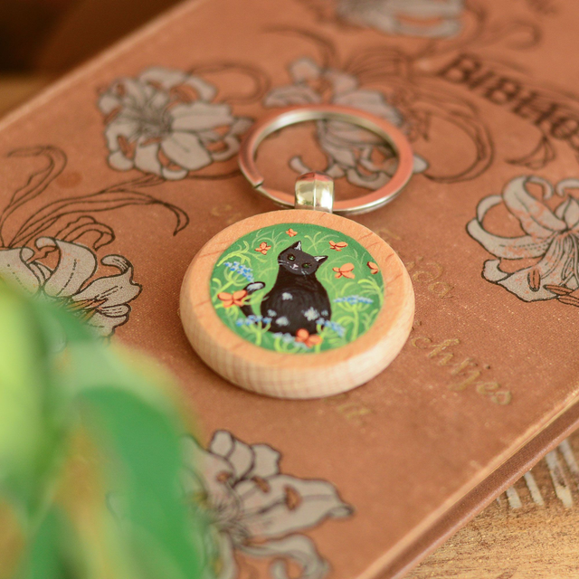 "A Black Cat" Hand-Painted Wooden Keychain