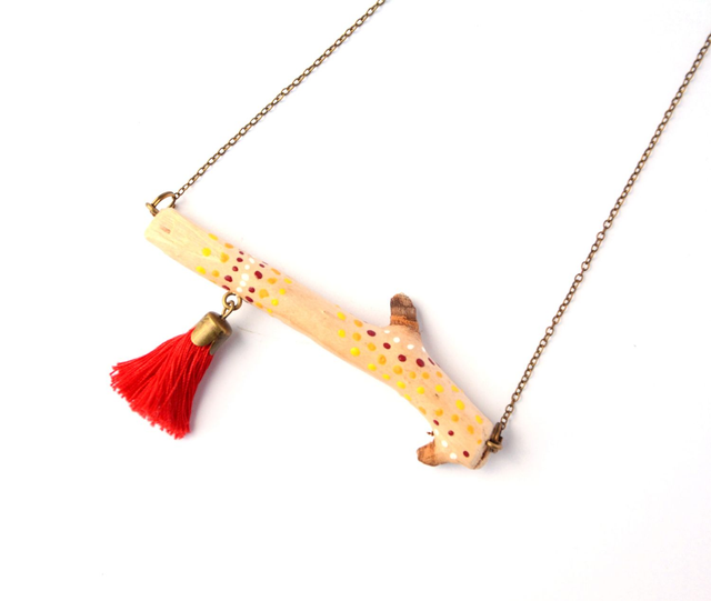 Collier Création Bois Flotté Peint à la Main - Inspiration peinture Aborigène - Pièce Artisanale et Unique