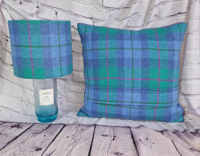 Jade Blue Check Harris Gin Lampshade Cushions