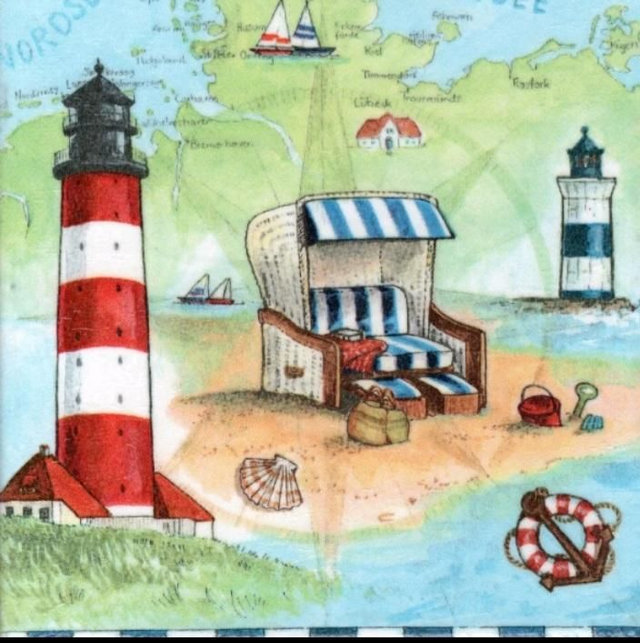 Handmade Dekofliese Leuchtturm Strandkorb