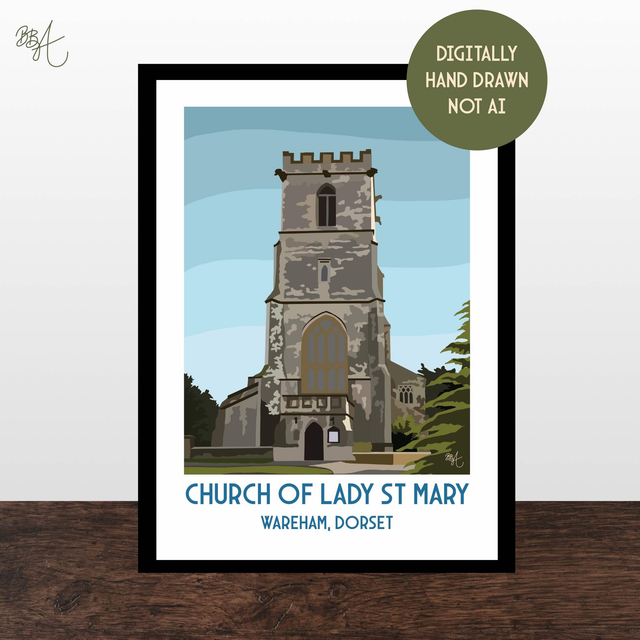 Church of Lady St Mary, Wareham, Travel Poster Print - Vintage Style Dorset Wall Art