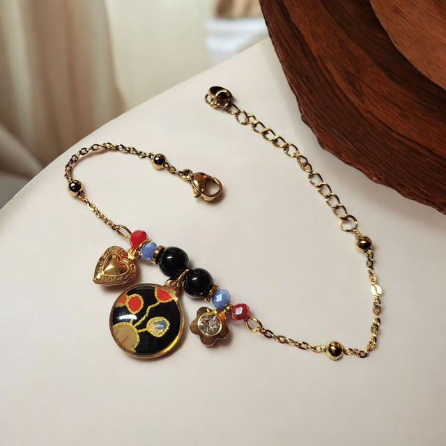 bracelet acier inoxydable motifs japonais noir rouge bleu et doré