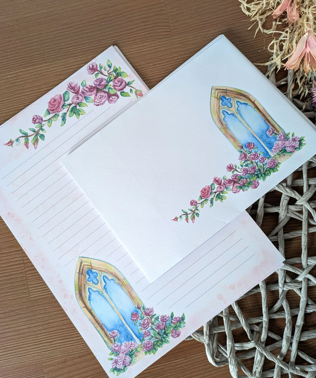 Papier à lettres gothique aux roses – Set artisanal fantasy