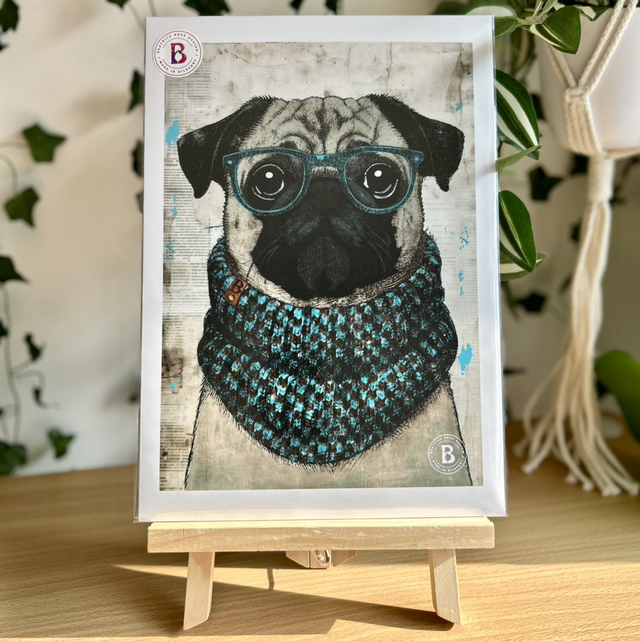 Pug Dog In Glasses Mixed Media Art Print A4