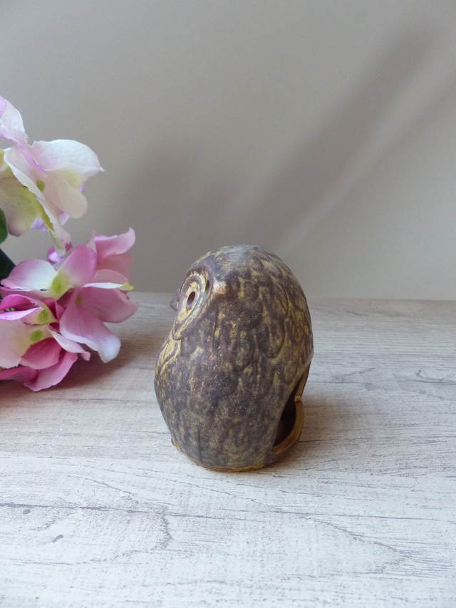 Petit Photophore Bougeoir Vintage Chouette Hibou en Grès Fait Main Vintage
