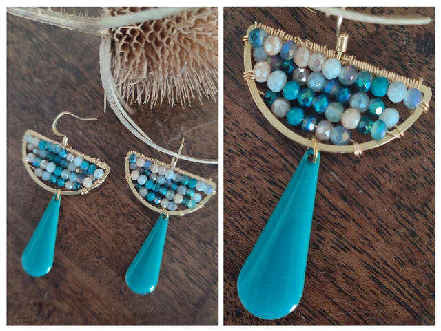 Boucles d&#039;oreilles demi-lune, bleu paon et verre, acier inoxydable doré -sans nickel, pièce unique 