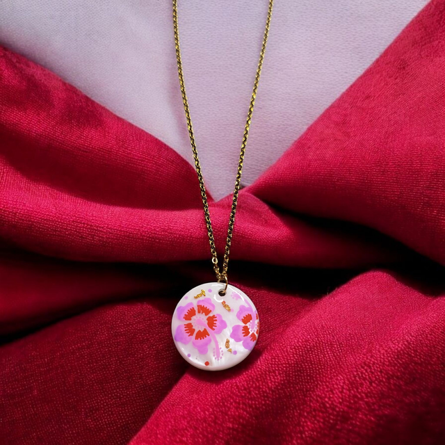 Collier dessiné Flora acier inoxydable rose rouge