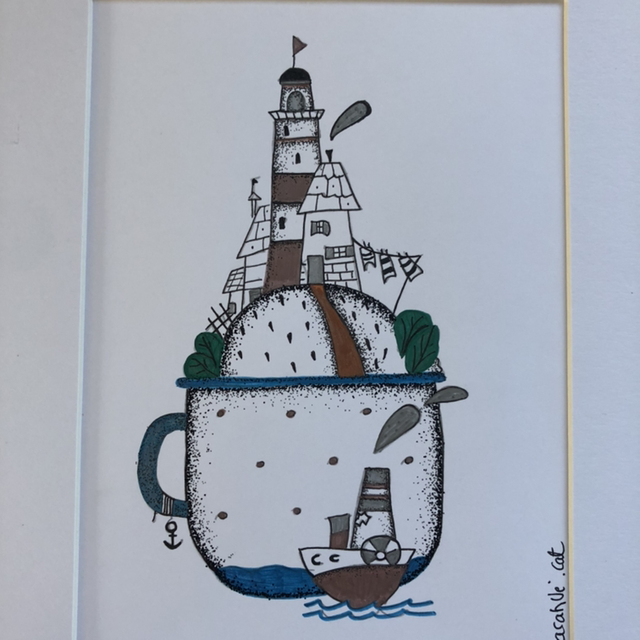 Bateau tasse &amp; île - 21 x 27 cm - encadrement blanc &amp; bois 