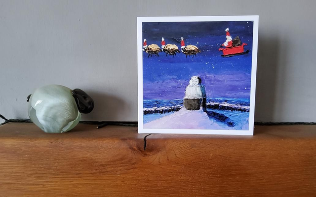 Father Christmas flying over Fat Betty, North York Moors. 6x6&quot; Christmas card