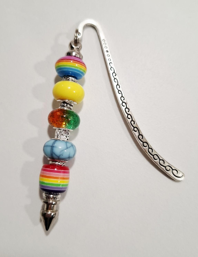 Rainbow and silver beaded bookmark 