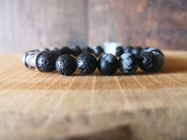 Bracelet Pierre de lave &amp; Obsidienne Flocon de neige 