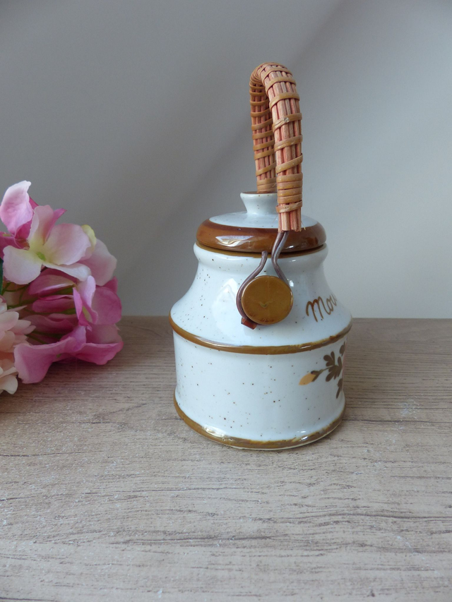 Pot à Moutarde Vintage en Céramique avec anse en Osier, Moutardier Pot à Condiment Français Poterie Décoration Cuisine Campagne