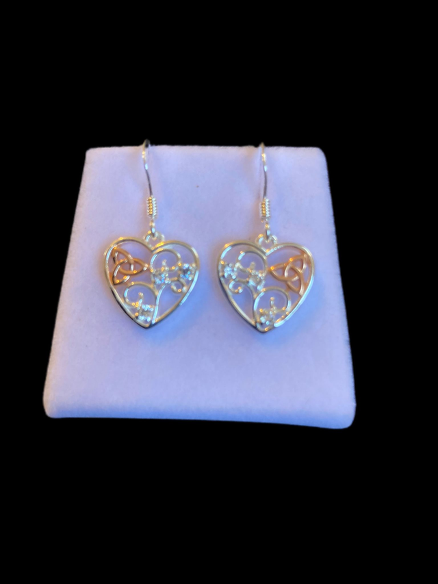Sterling Silver Celtic Trinity Knot Filigree Heart Drop Earrings