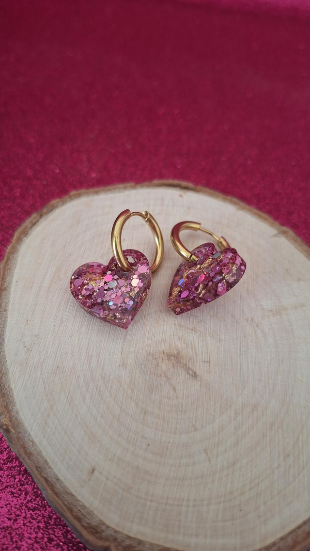 Créoles dorées cœurs paillettes roses et feuilles d'or 